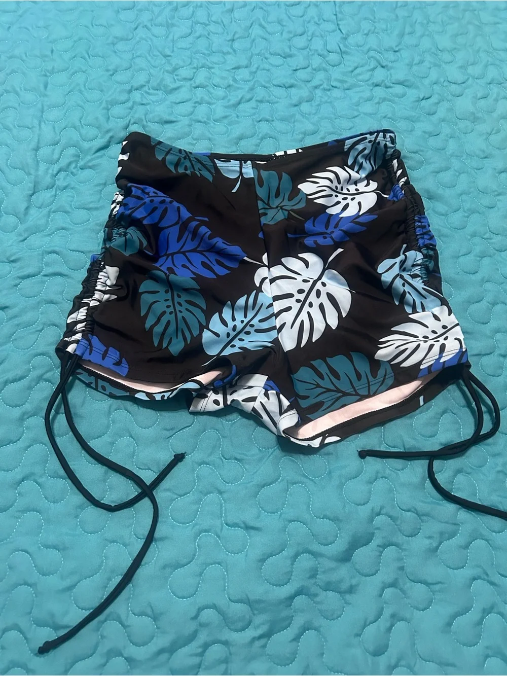 Amazon Black Halter Tankini Top with Blue & Teal Tropical Swim Shorts